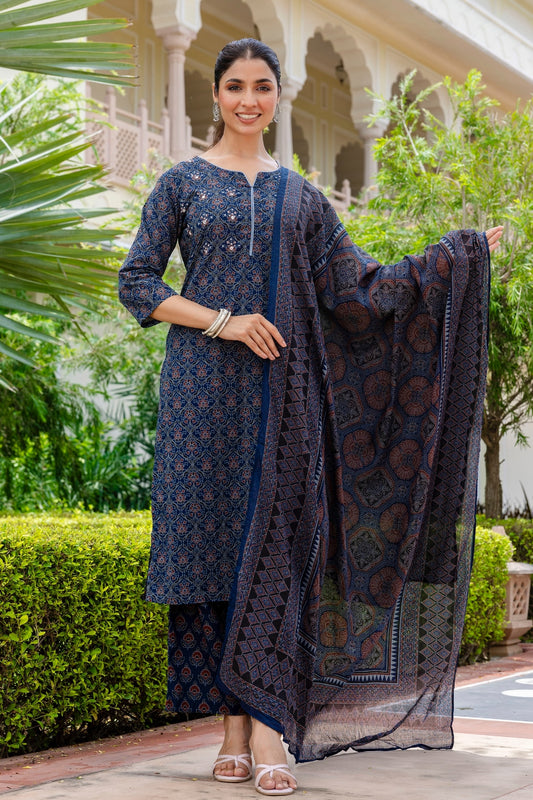 Deep Blue Ajrakh Print Sequins Work Kurta Set with Palazzo Pants and Dupatta