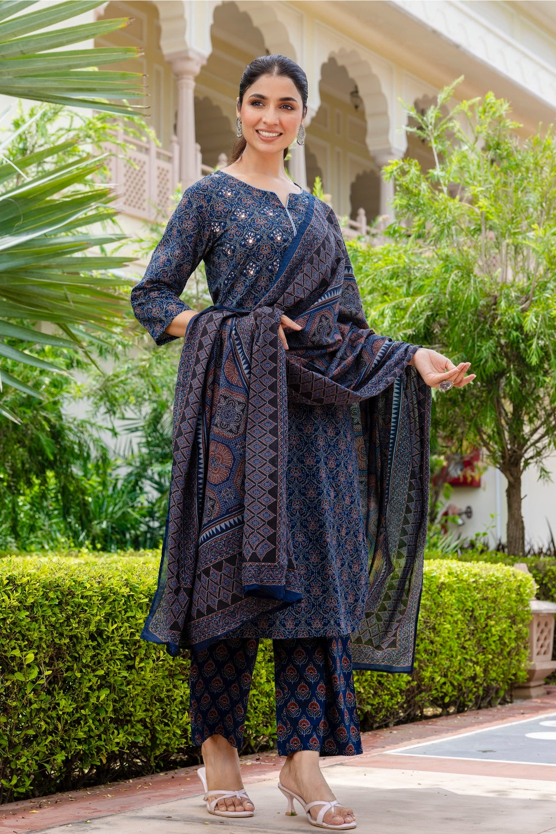 Deep Blue Ajrakh Print Sequins Work Kurta Set with Palazzo Pants and Dupatta
