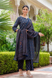 Deep Blue Ajrakh Print Sequins Work Kurta Set with Palazzo Pants and Dupatta