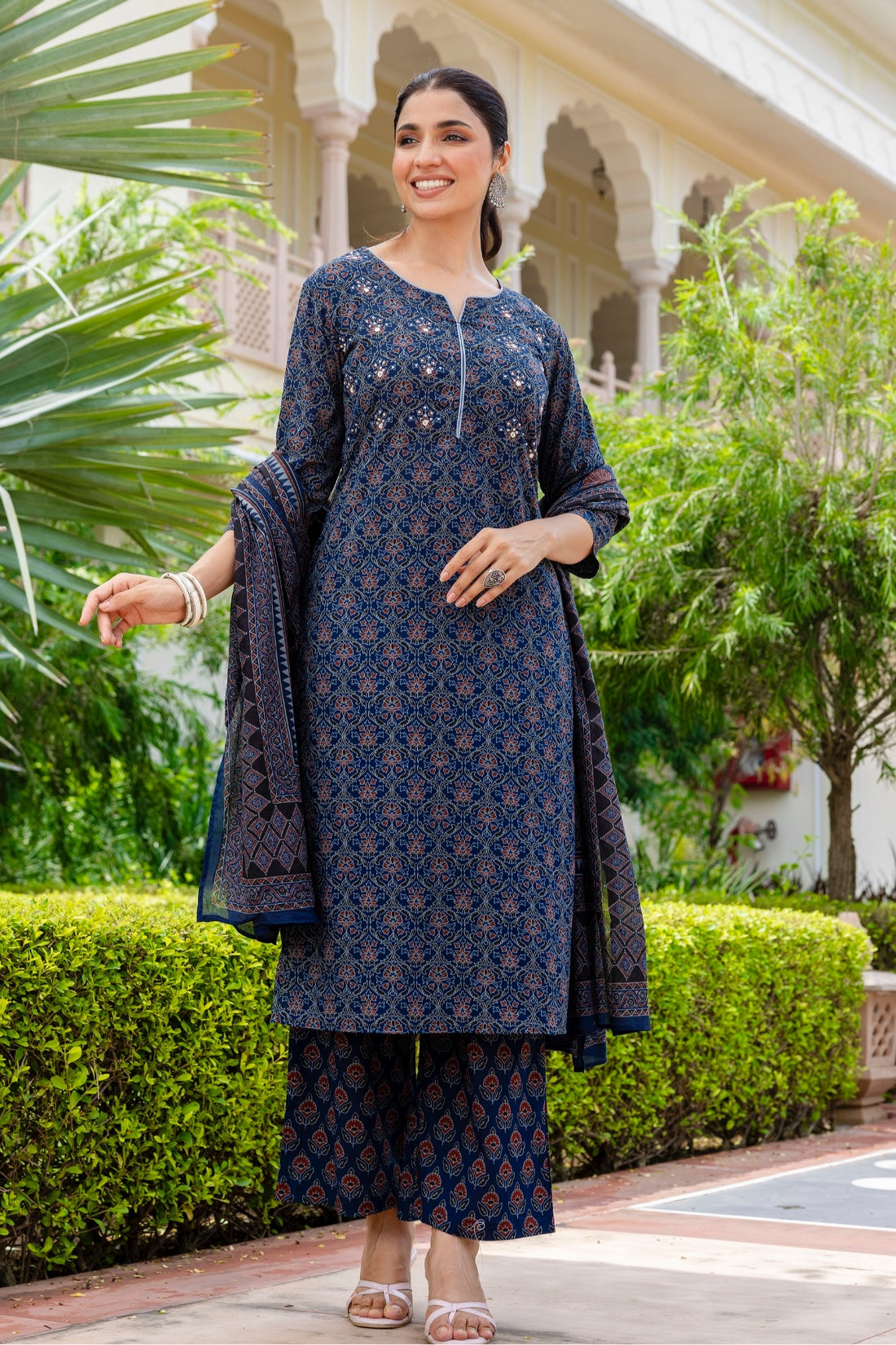 Deep Blue Ajrakh Print Sequins Work Kurta Set with Palazzo Pants and Dupatta