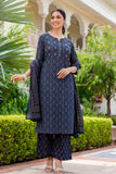 Deep Blue Ajrakh Print Sequins Work Kurta Set with Palazzo Pants and Dupatta