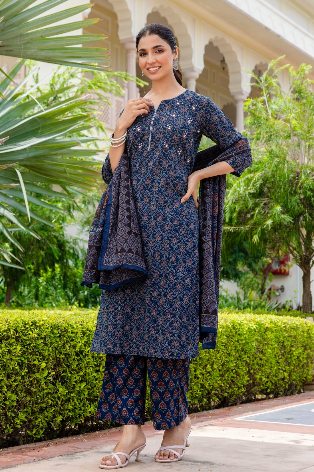 Deep Blue Ajrakh Print Sequins Work Kurta Set with Palazzo Pants and Dupatta