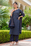 Deep Blue Ajrakh Print Sequins Work Kurta Set with Palazzo Pants and Dupatta
