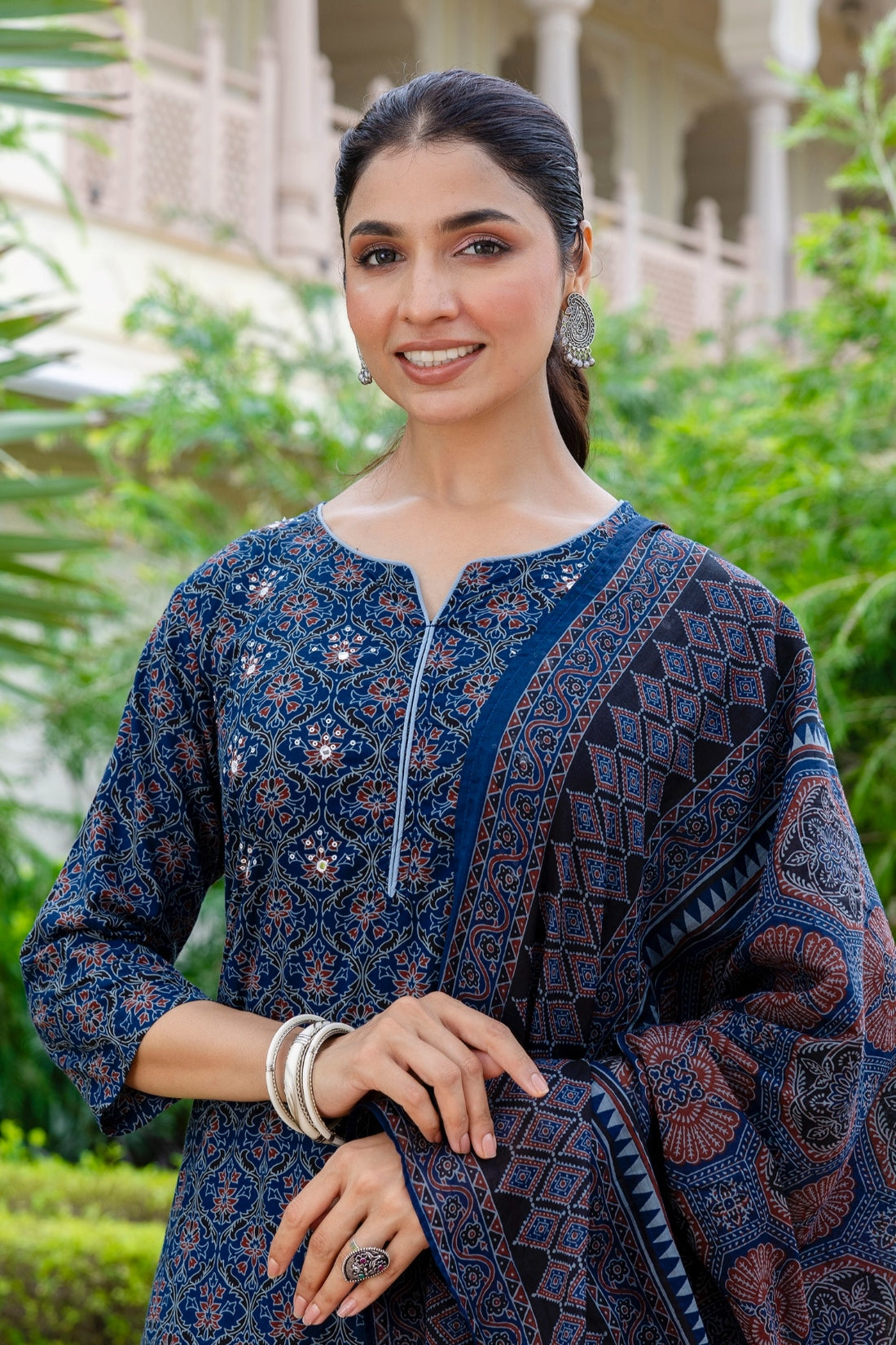 Deep Blue Ajrakh Print Sequins Work Kurta Set with Palazzo Pants and Dupatta