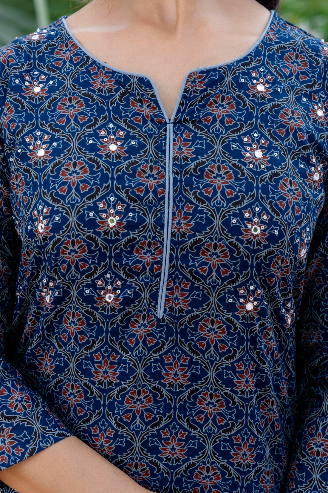 Deep Blue Ajrakh Print Sequins Work Kurta Set with Palazzo Pants and Dupatta