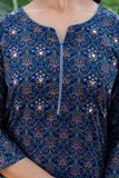 Deep Blue Ajrakh Print Sequins Work Kurta Set with Palazzo Pants and Dupatta
