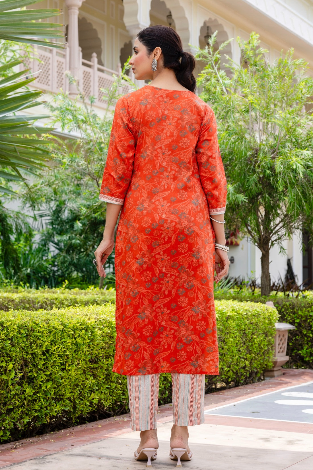 Rust Orange Green Floral Kurta Set with Trousers and Dupatta