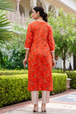 Rust Orange Green Floral Kurta Set with Trousers and Dupatta