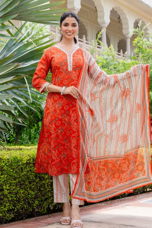 Rust Orange Green Floral Kurta Set with Trousers and Dupatta