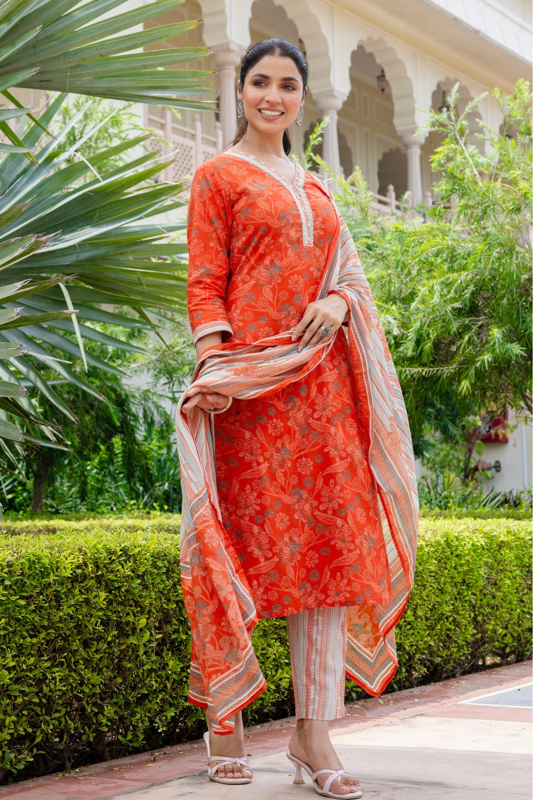 Rust Orange Green Floral Kurta Set with Trousers and Dupatta