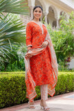 Rust Orange Green Floral Kurta Set with Trousers and Dupatta