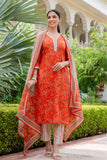 Rust Orange Green Floral Kurta Set with Trousers and Dupatta