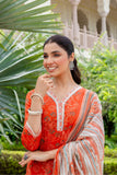 Rust Orange Green Floral Kurta Set with Trousers and Dupatta