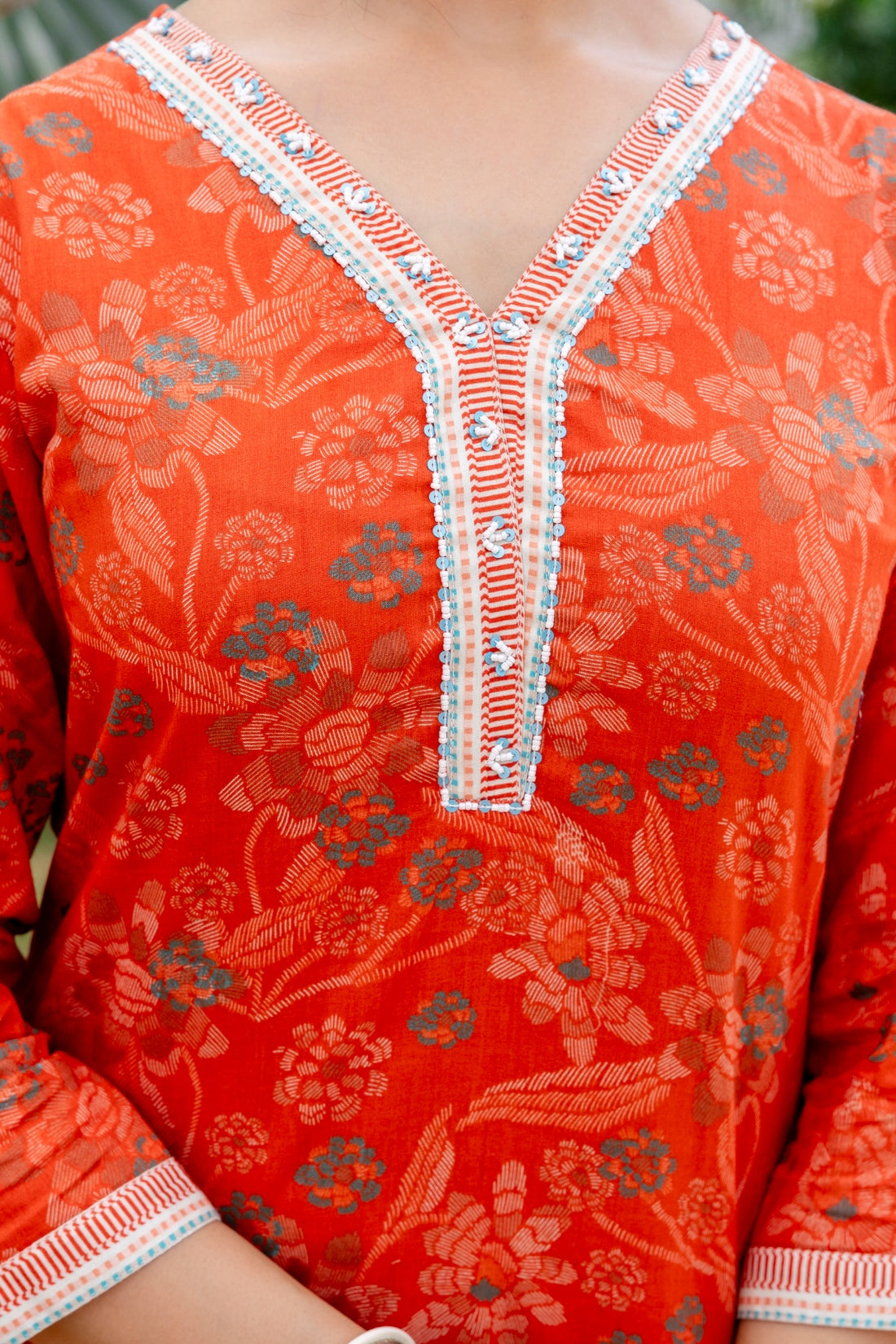 Rust Orange Green Floral Kurta Set with Trousers and Dupatta
