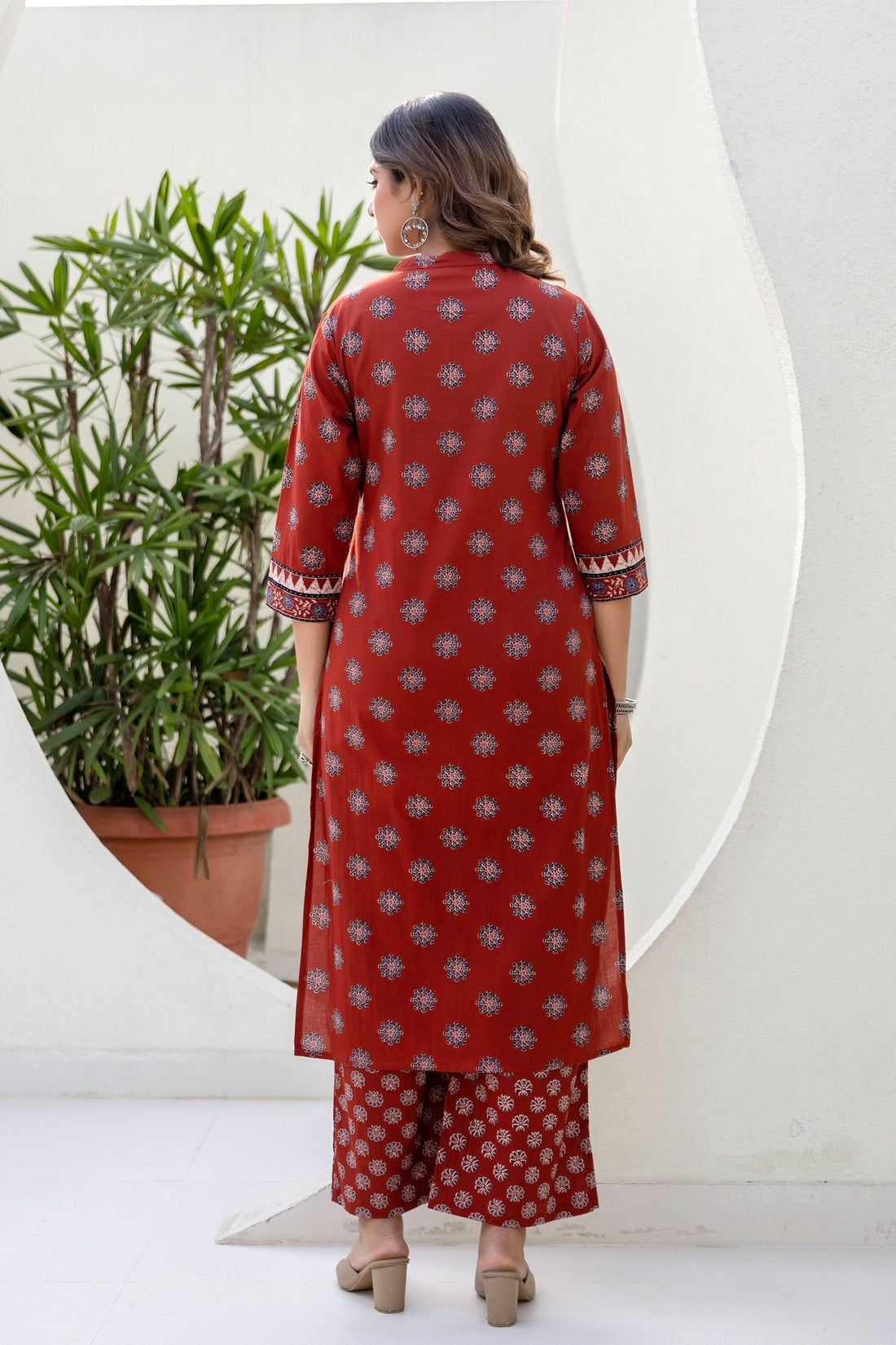 Red Yoke Design Cotton Kurta Set with Palazzo and Dupatta