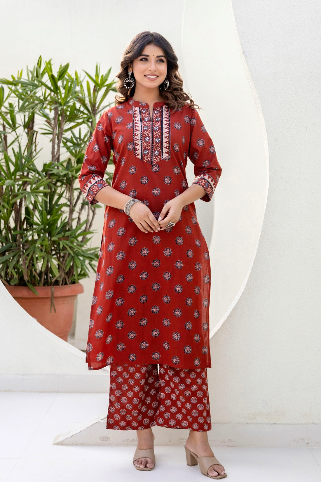 Red Yoke Design Cotton Kurta Set with Palazzo and Dupatta