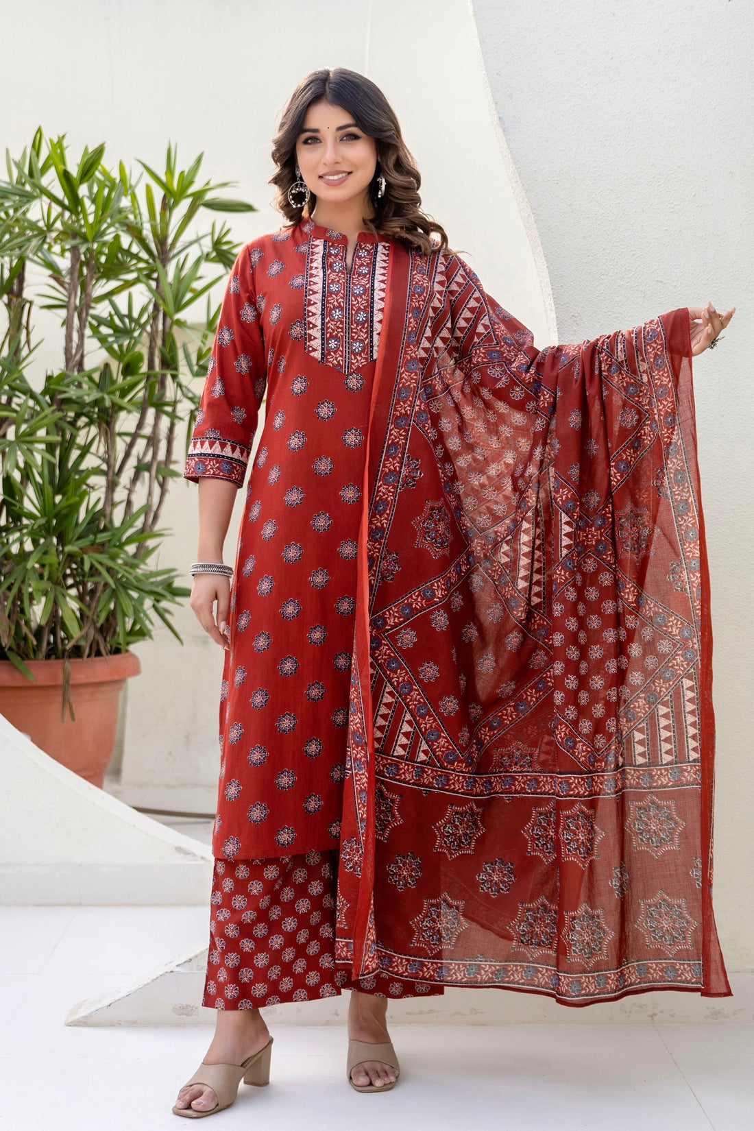 Red Yoke Design Cotton Kurta Set with Palazzo and Dupatta