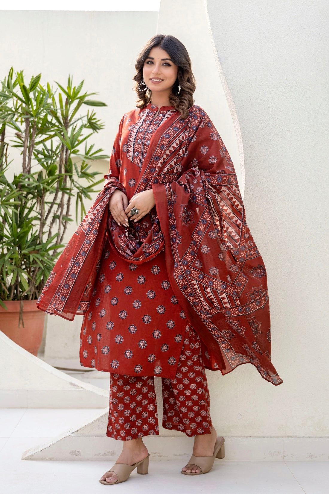 Red Yoke Design Cotton Kurta Set with Palazzo and Dupatta