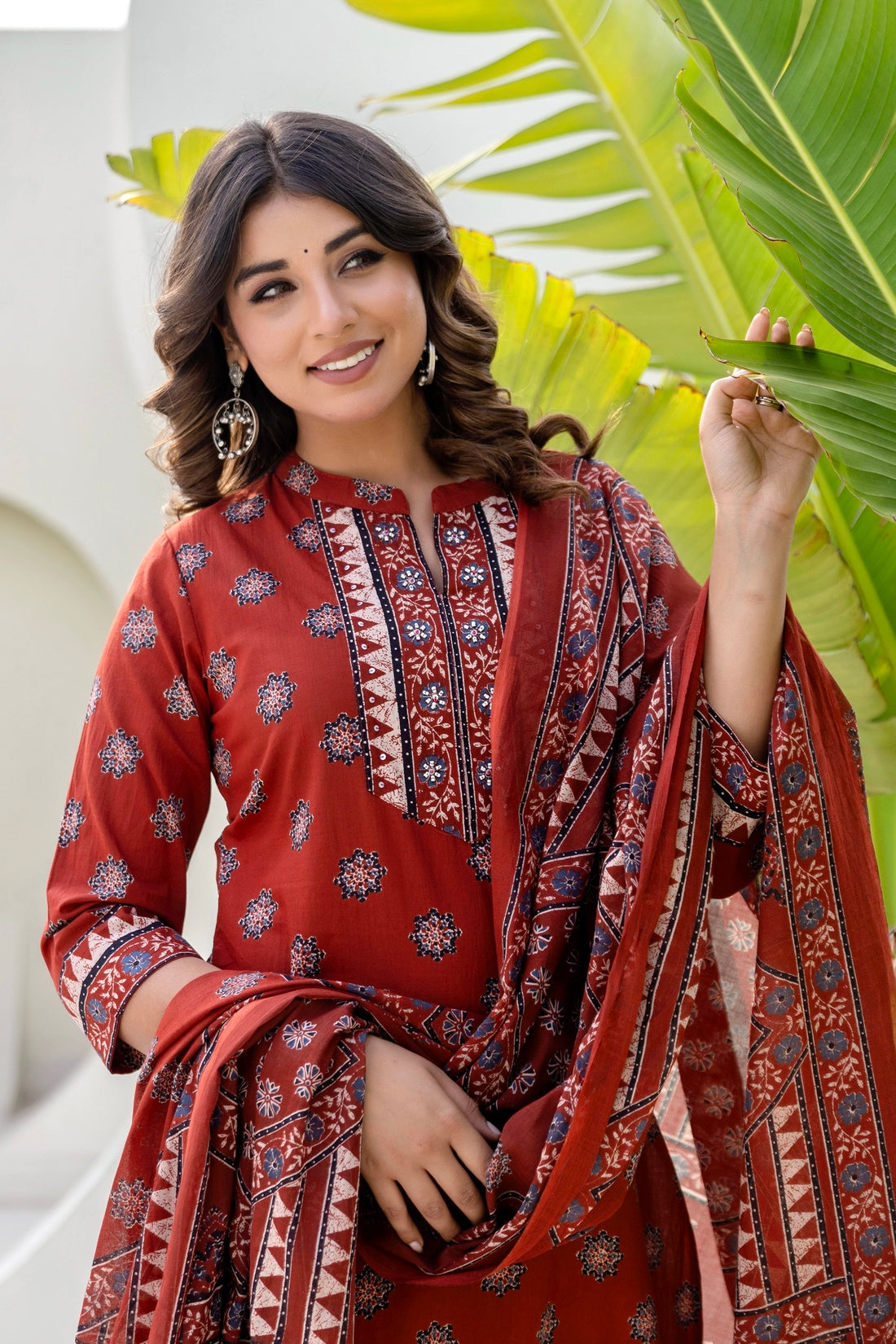 Red Yoke Design Cotton Kurta Set with Palazzo and Dupatta