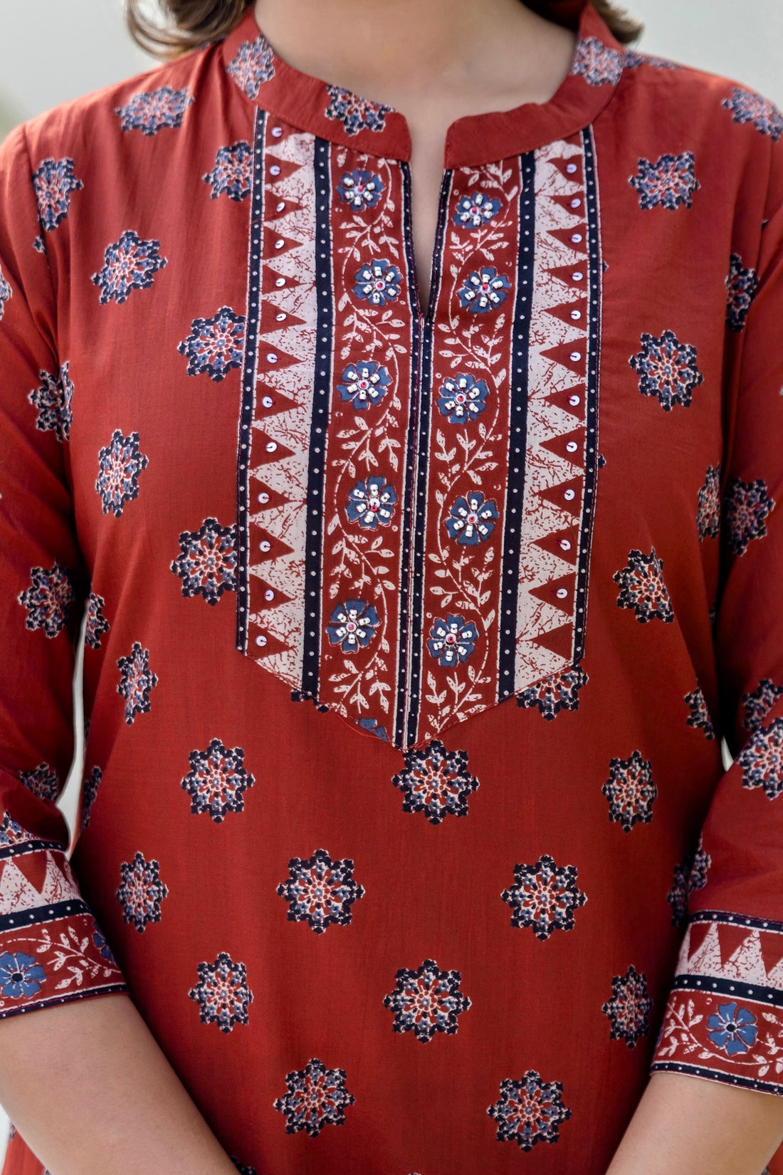 Red Yoke Design Cotton Kurta Set with Palazzo and Dupatta