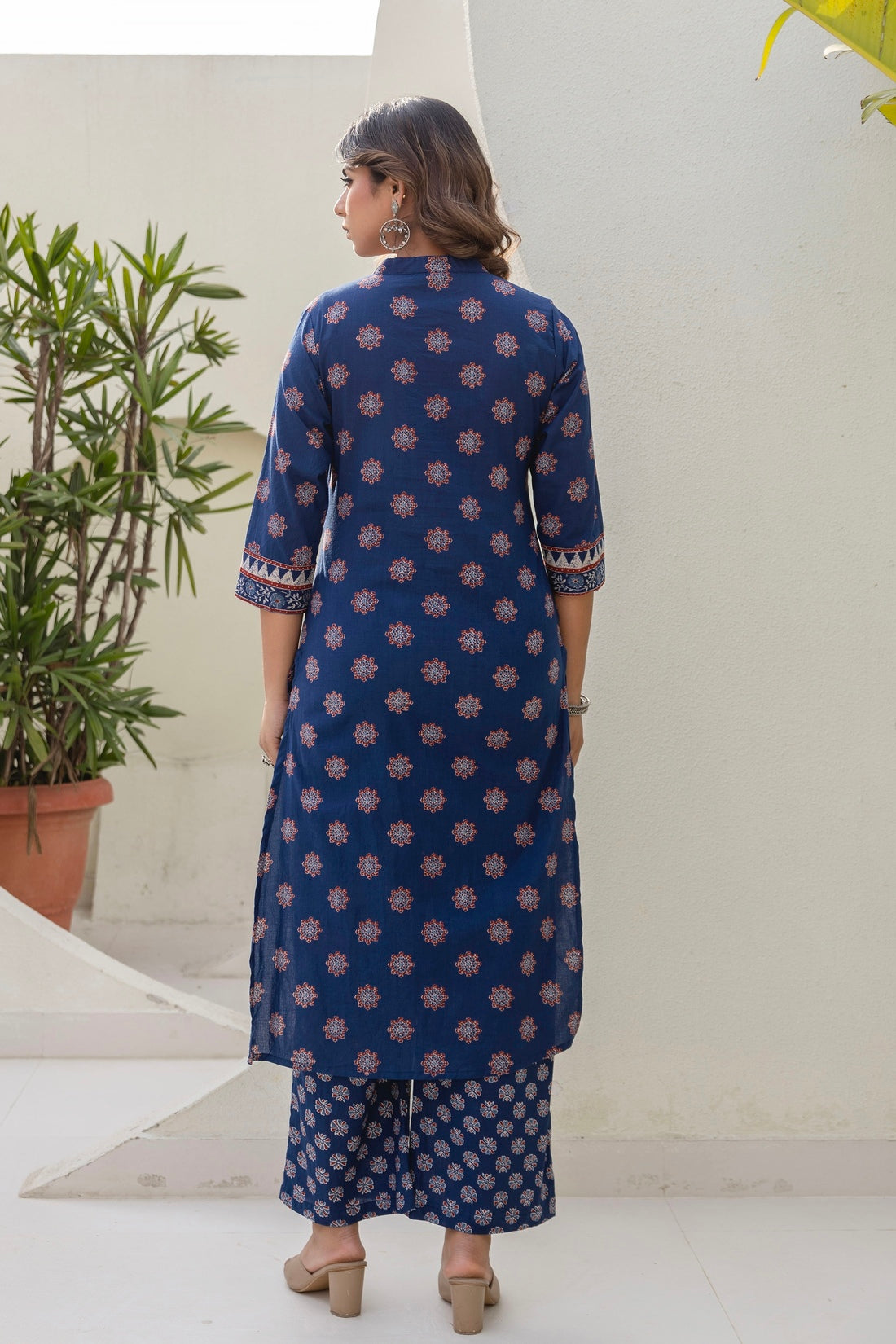 Blue Yoke Design Cotton Kurta Set with Palazzo and Dupatta