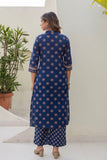 Blue Yoke Design Cotton Kurta Set with Palazzo and Dupatta