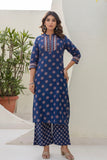 Blue Yoke Design Cotton Kurta Set with Palazzo and Dupatta