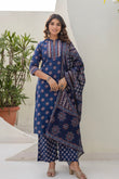 Blue Yoke Design Cotton Kurta Set with Palazzo and Dupatta