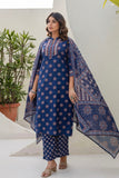 Blue Yoke Design Cotton Kurta Set with Palazzo and Dupatta