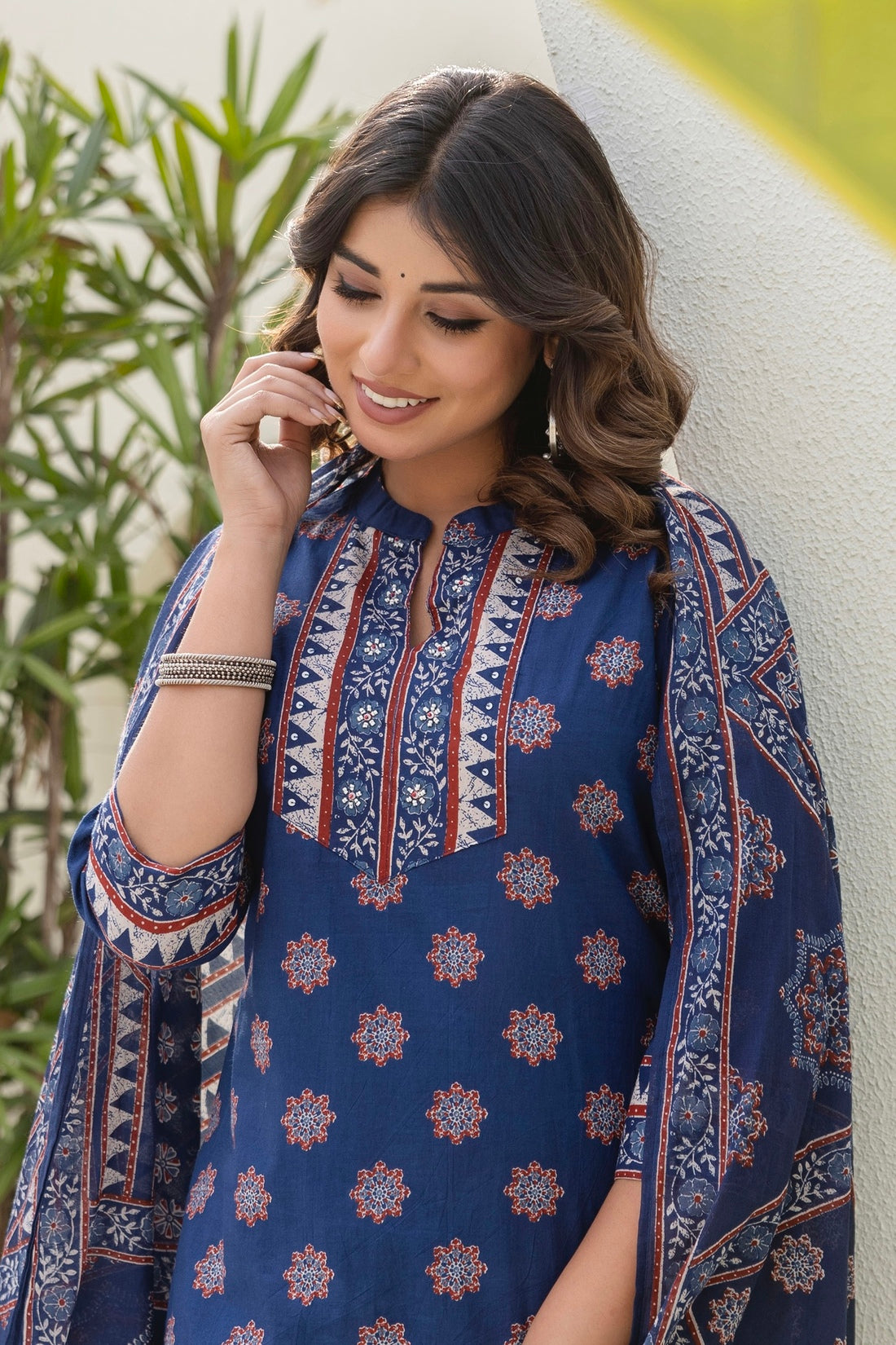 Blue Yoke Design Cotton Kurta Set with Palazzo and Dupatta
