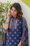 Blue Yoke Design Cotton Kurta Set with Palazzo and Dupatta