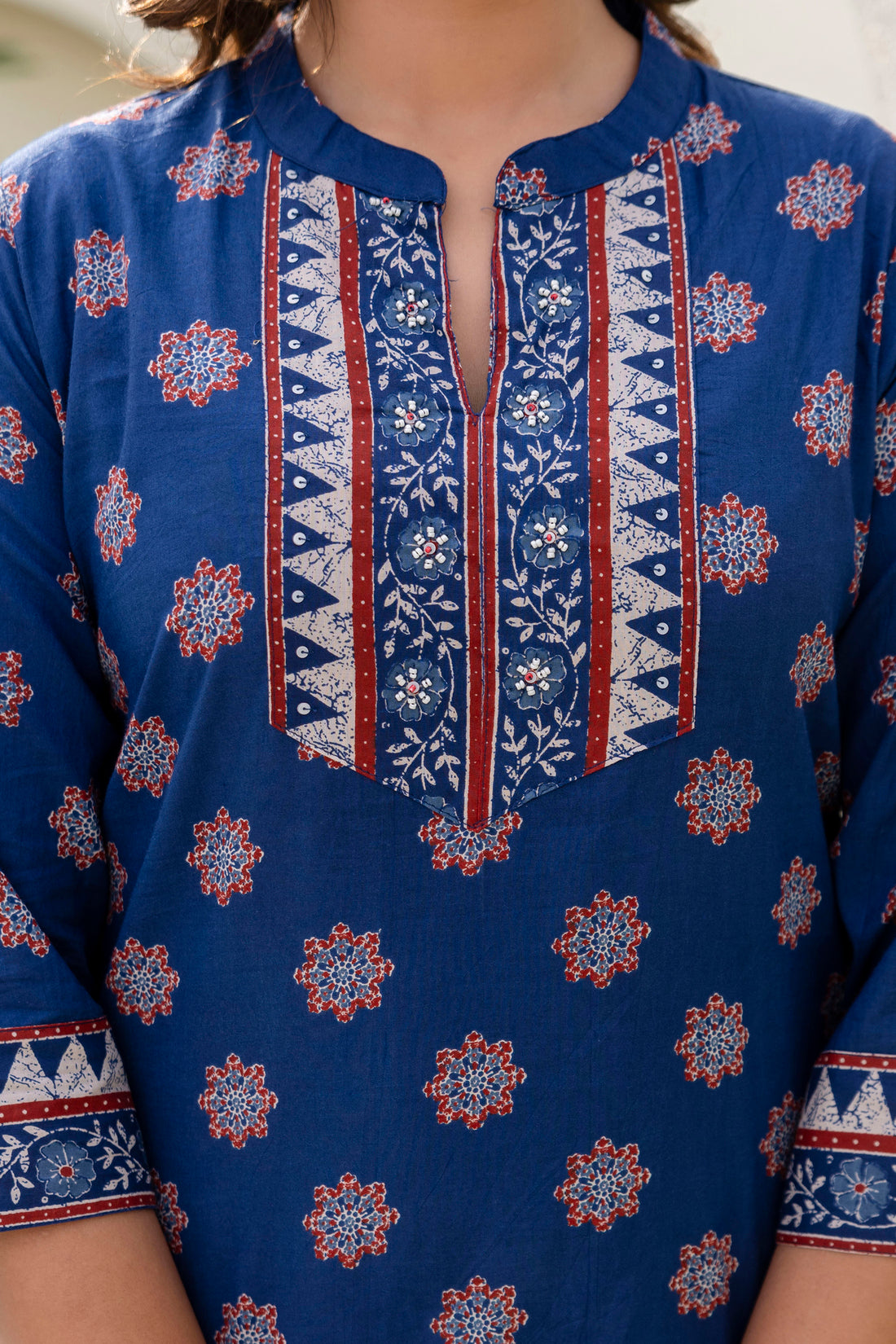 Blue Yoke Design Cotton Kurta Set with Palazzo and Dupatta