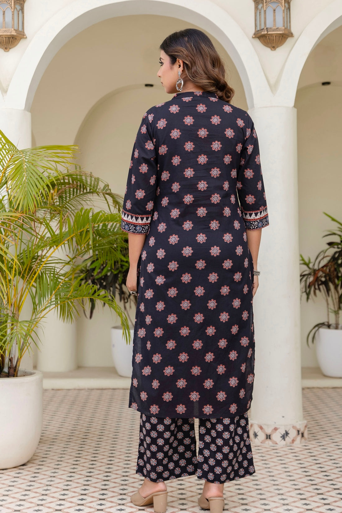 Black Yoke Design Cotton Kurta Set with Palazzo and Dupatta