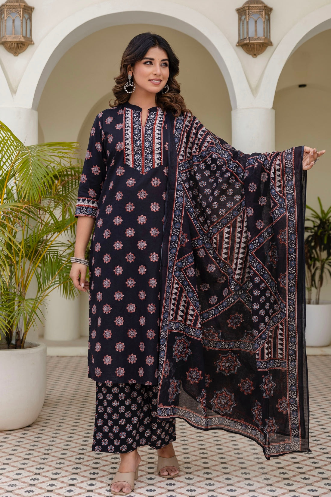 Black Yoke Design Cotton Kurta Set with Palazzo and Dupatta