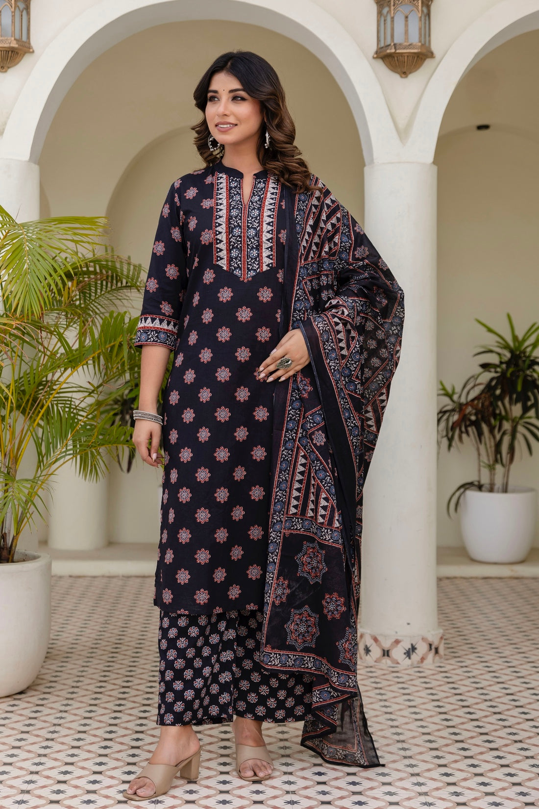 Black Yoke Design Cotton Kurta Set with Palazzo and Dupatta