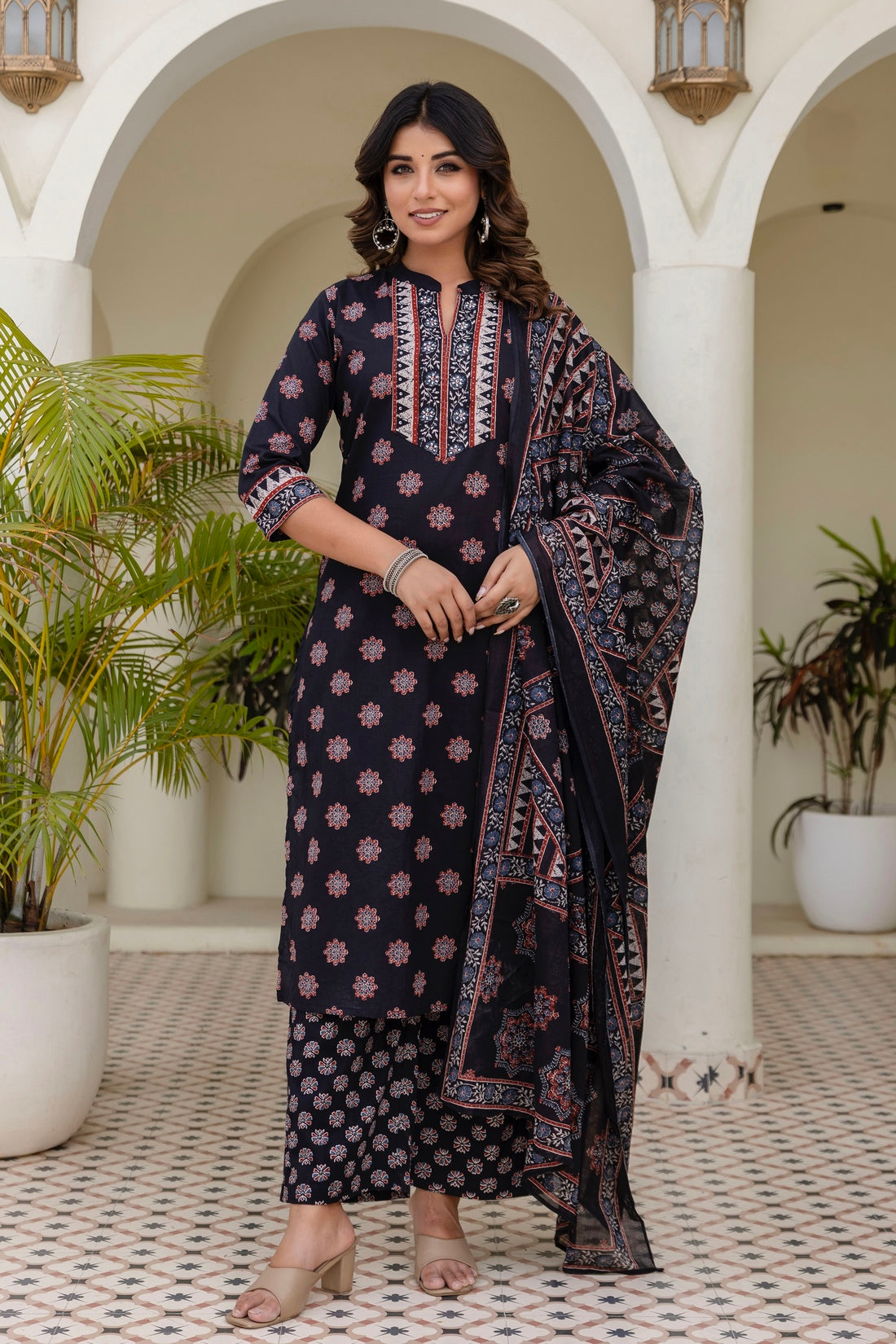 Black Yoke Design Cotton Kurta Set with Palazzo and Dupatta