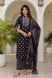 Black Yoke Design Cotton Kurta Set with Palazzo and Dupatta