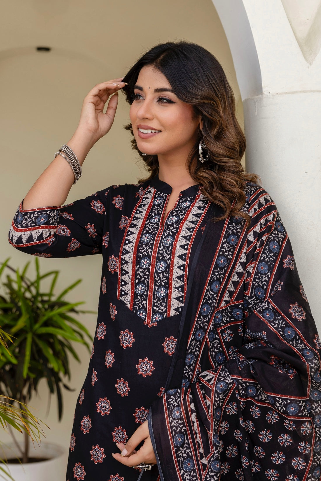 Black Yoke Design Cotton Kurta Set with Palazzo and Dupatta