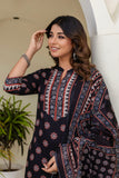Black Yoke Design Cotton Kurta Set with Palazzo and Dupatta