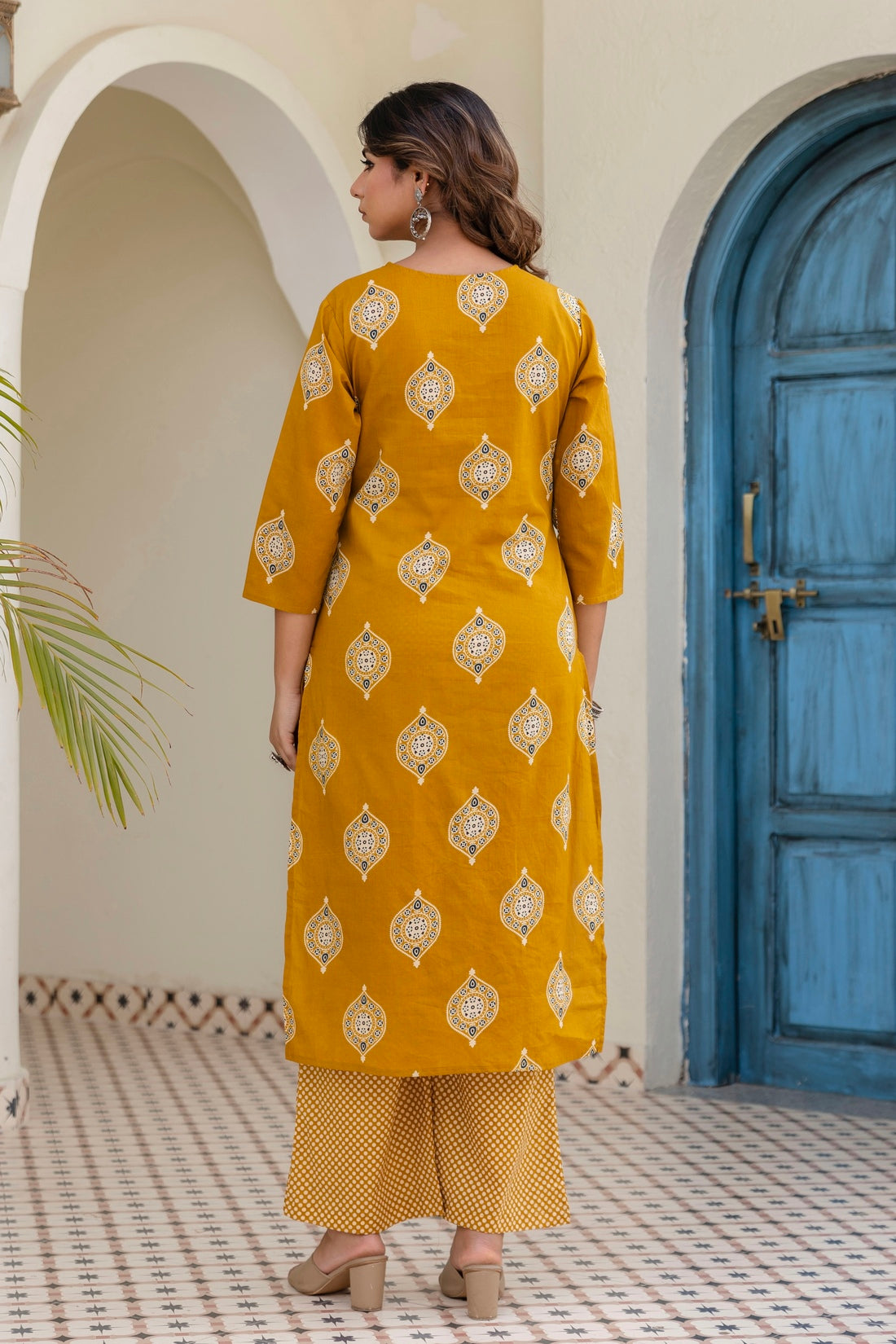 Mustard Motif Printed Cotton Kurta Set with Palazzos and Dupatta