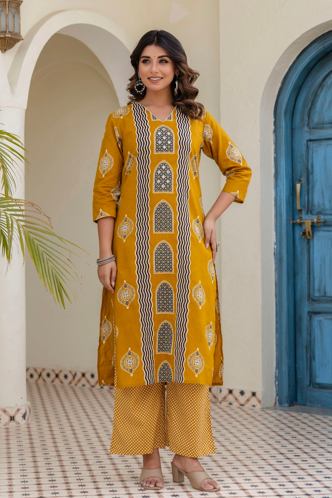 Mustard Motif Printed Cotton Kurta Set with Palazzos and Dupatta