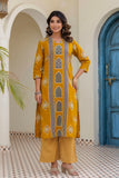 Mustard Motif Printed Cotton Kurta Set with Palazzos and Dupatta
