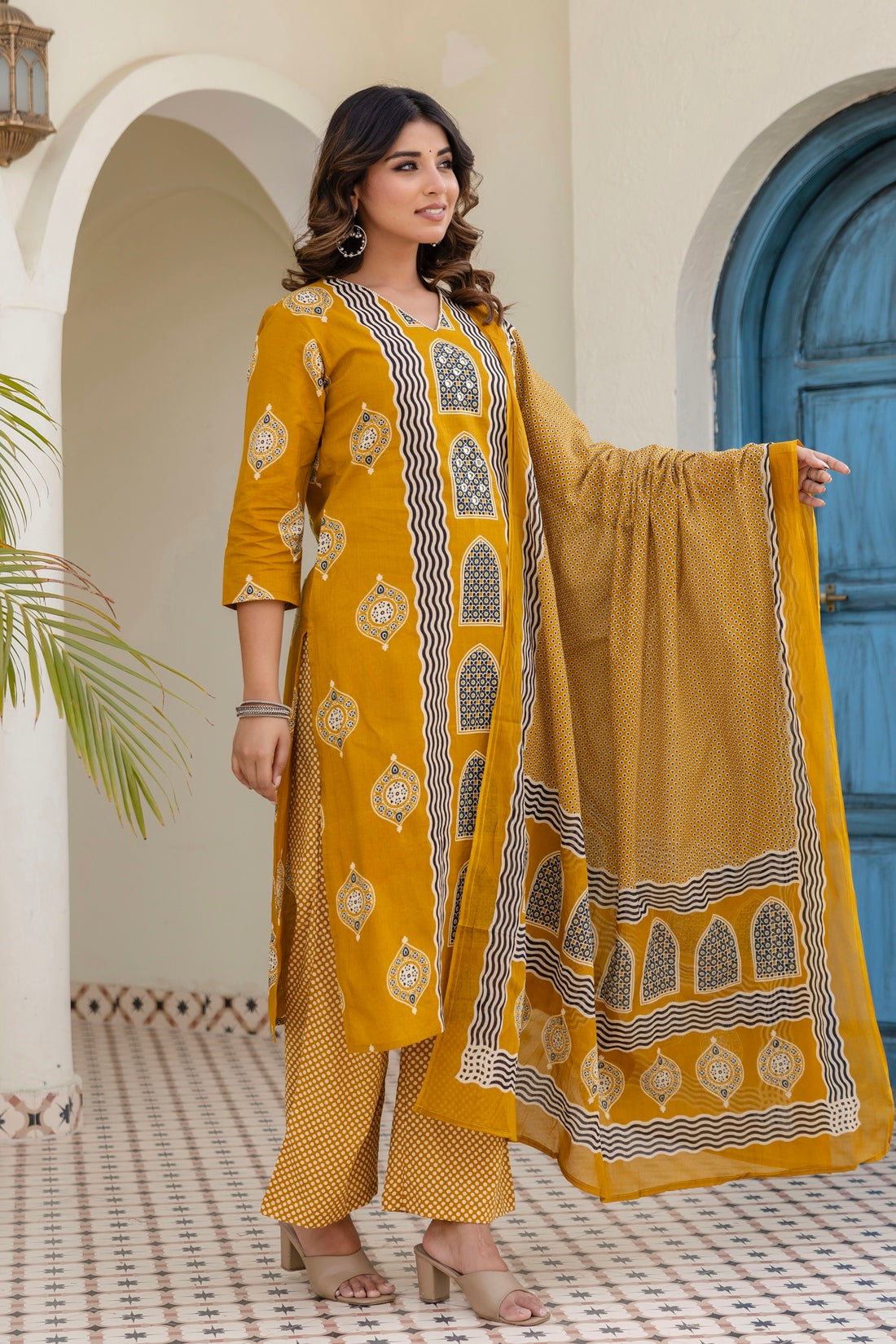 Mustard Motif Printed Cotton Kurta Set with Palazzos and Dupatta