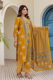 Mustard Motif Printed Cotton Kurta Set with Palazzos and Dupatta