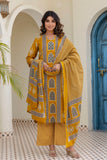 Mustard Motif Printed Cotton Kurta Set with Palazzos and Dupatta
