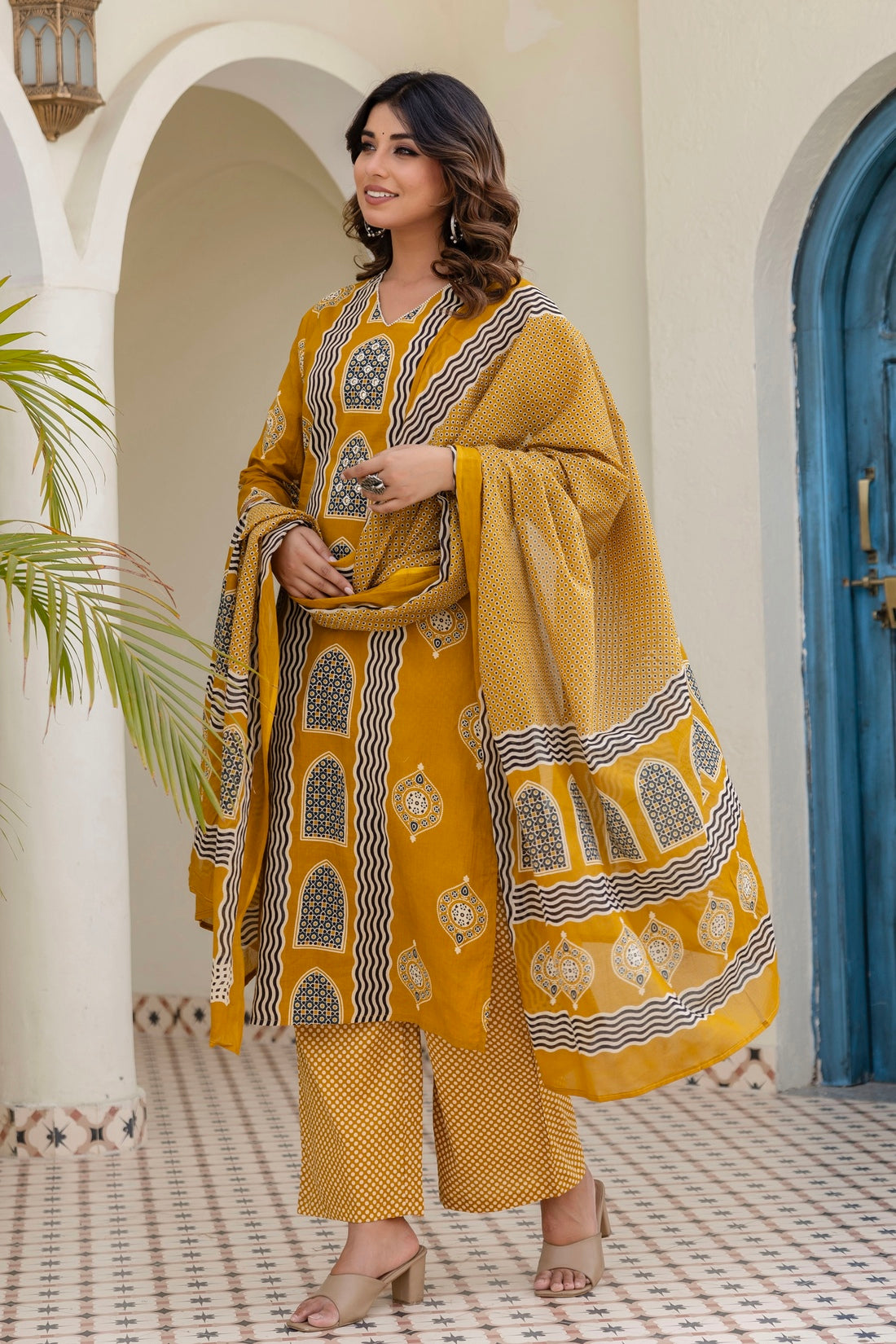 Mustard Motif Printed Cotton Kurta Set with Palazzos and Dupatta