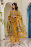Mustard Motif Printed Cotton Kurta Set with Palazzos and Dupatta