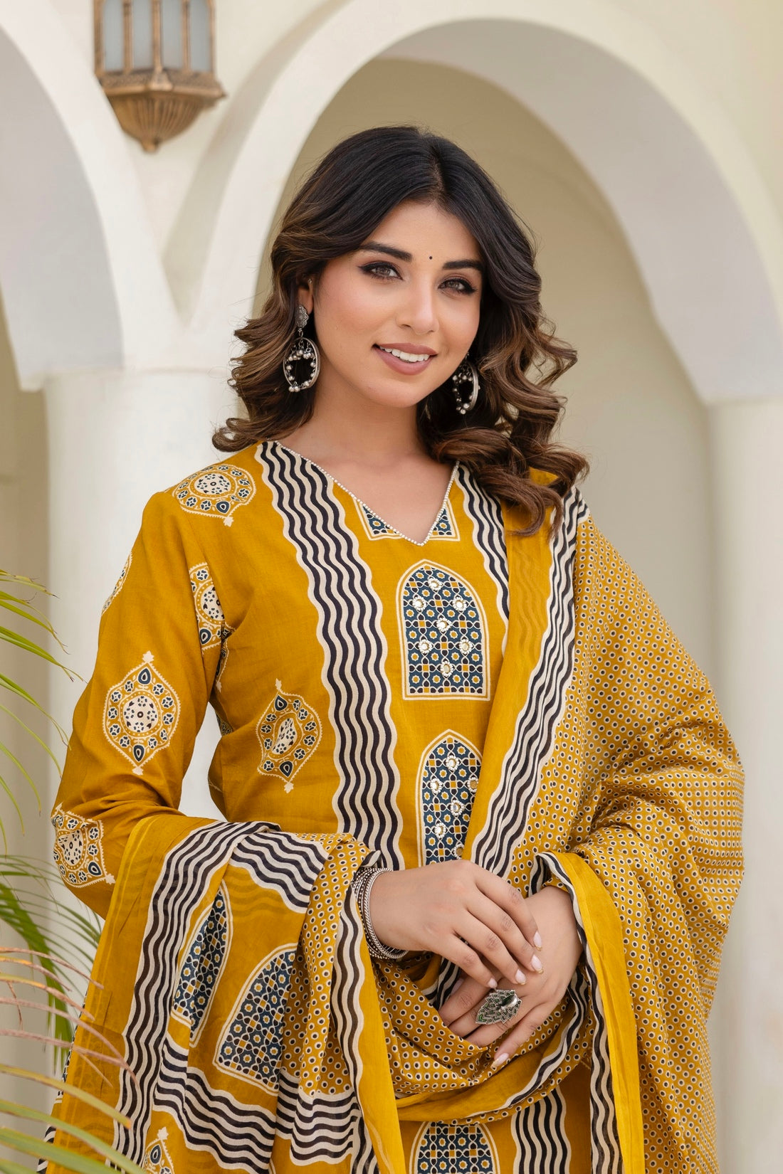 Mustard Motif Printed Cotton Kurta Set with Palazzos and Dupatta