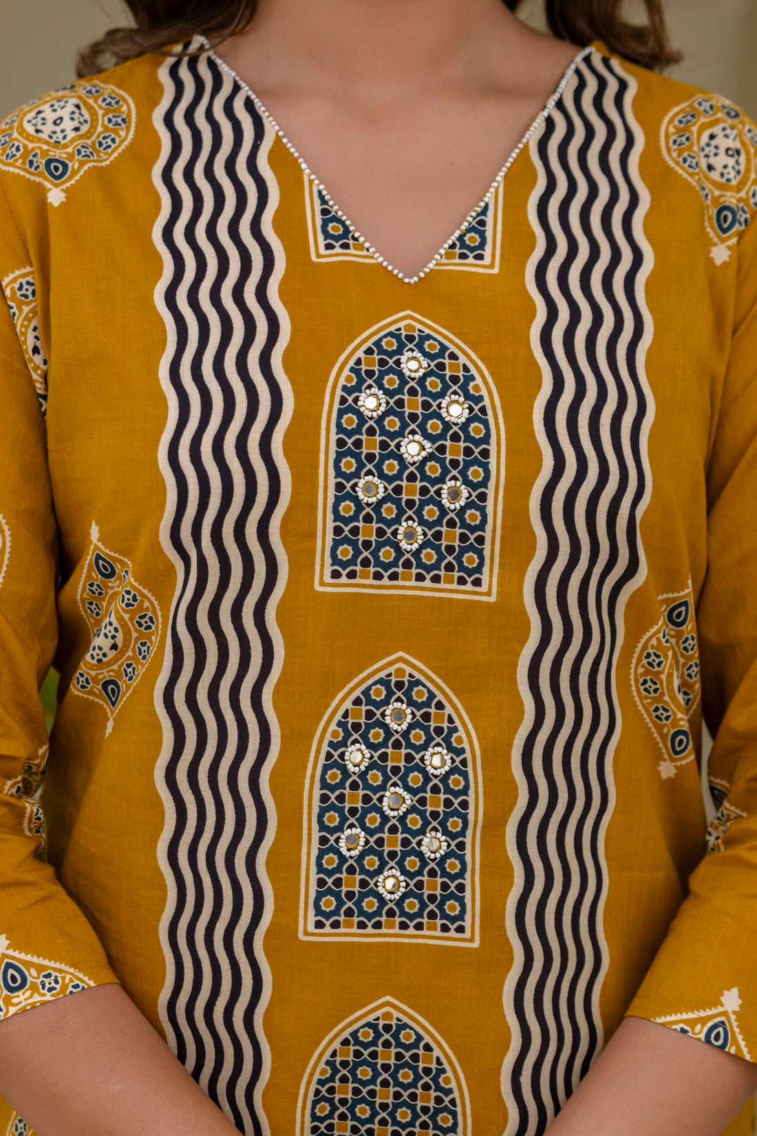 Mustard Motif Printed Cotton Kurta Set with Palazzos and Dupatta
