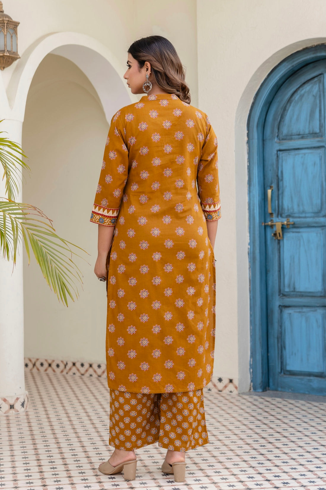 Mustard Yoke Design Cotton Kurta Set with Palazzo and Dupatta